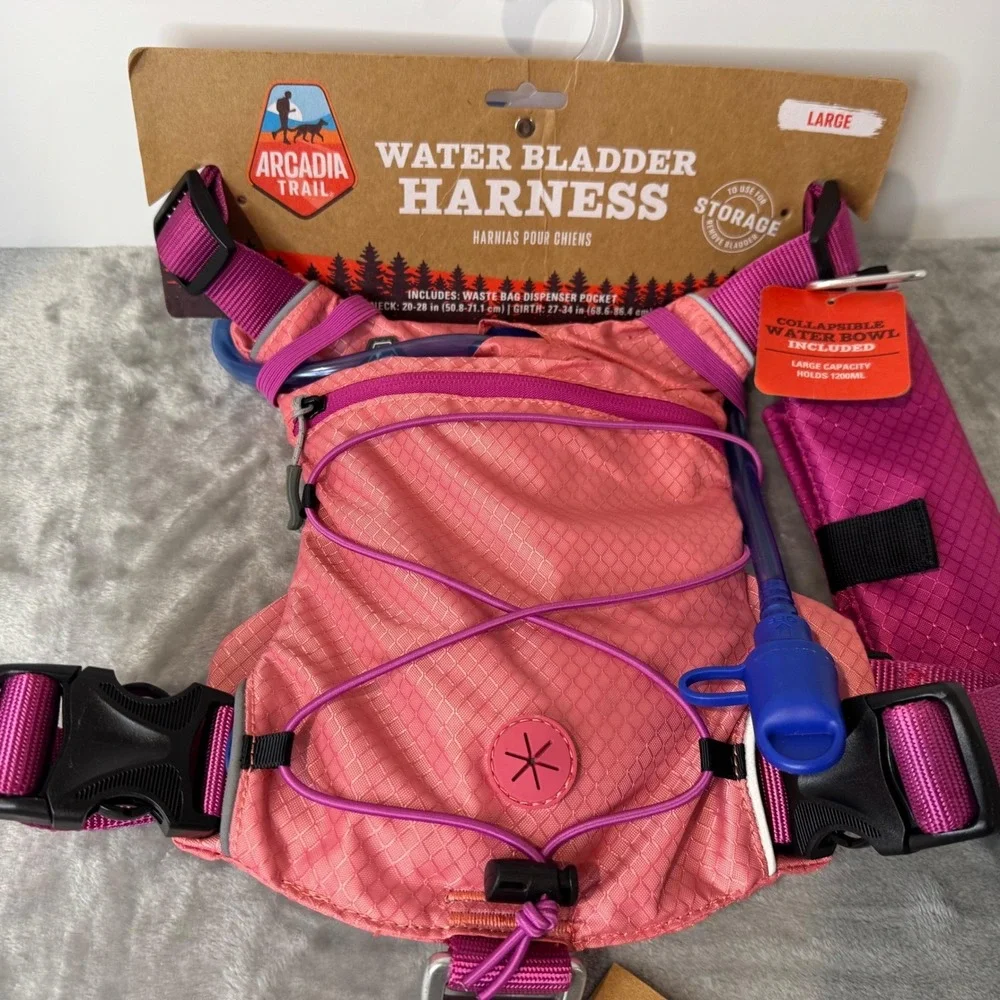 Dog Harness Arcadia Trail Water Bladder Hydration Set Pink Large Bowl New‎
